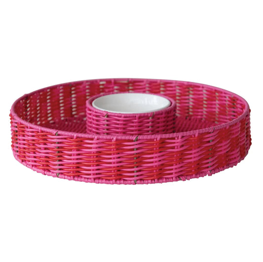 Woven Tray with Ceramic Bowl, Hot Pink