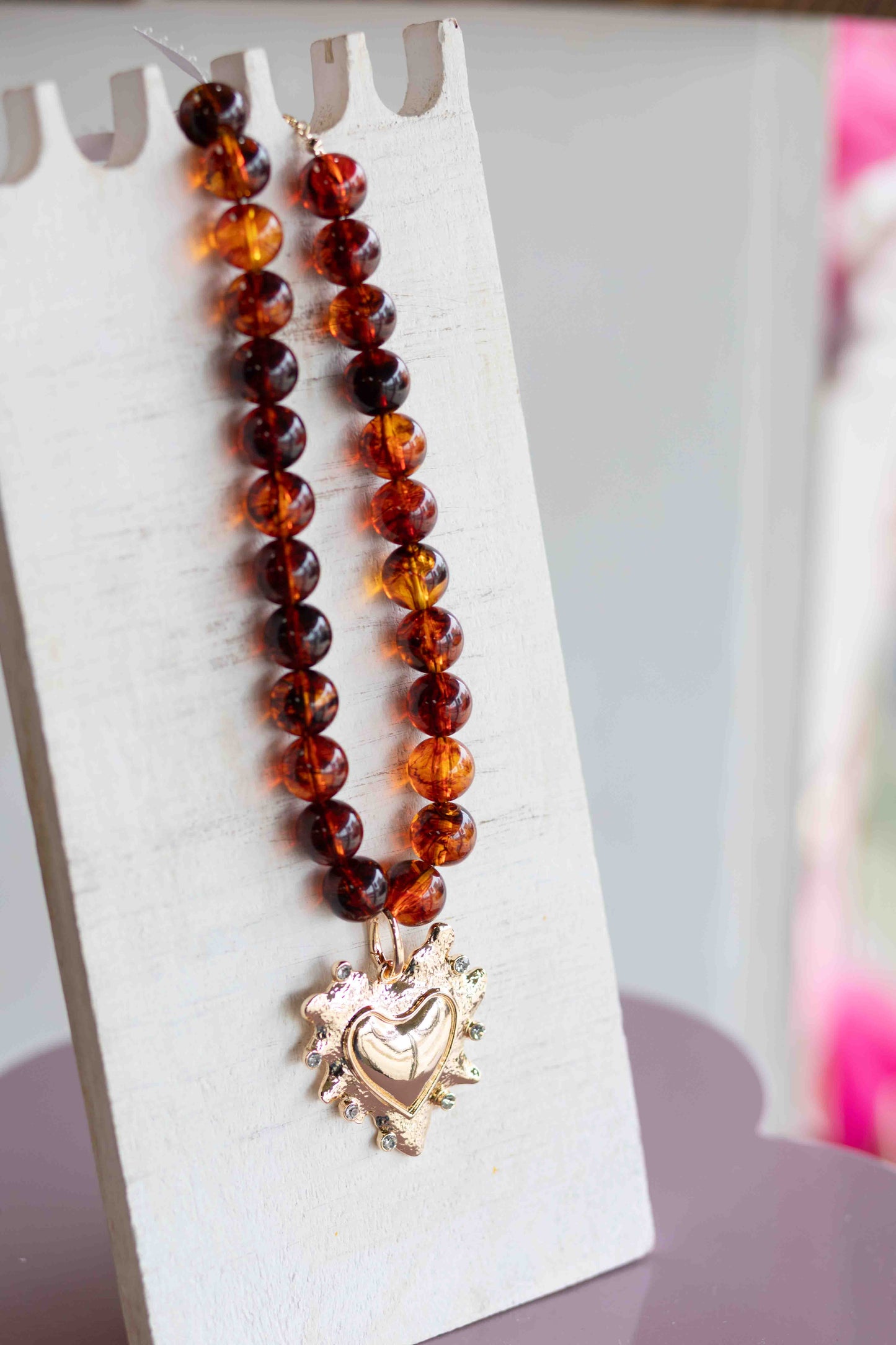 The Jackie - Chunky Beaded Amber Necklace with Charm