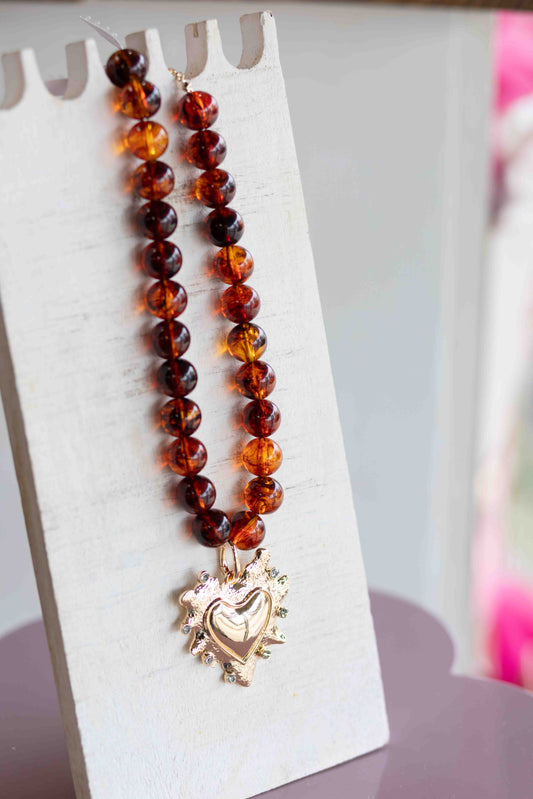 The Jackie - Chunky Beaded Amber Necklace with Charm