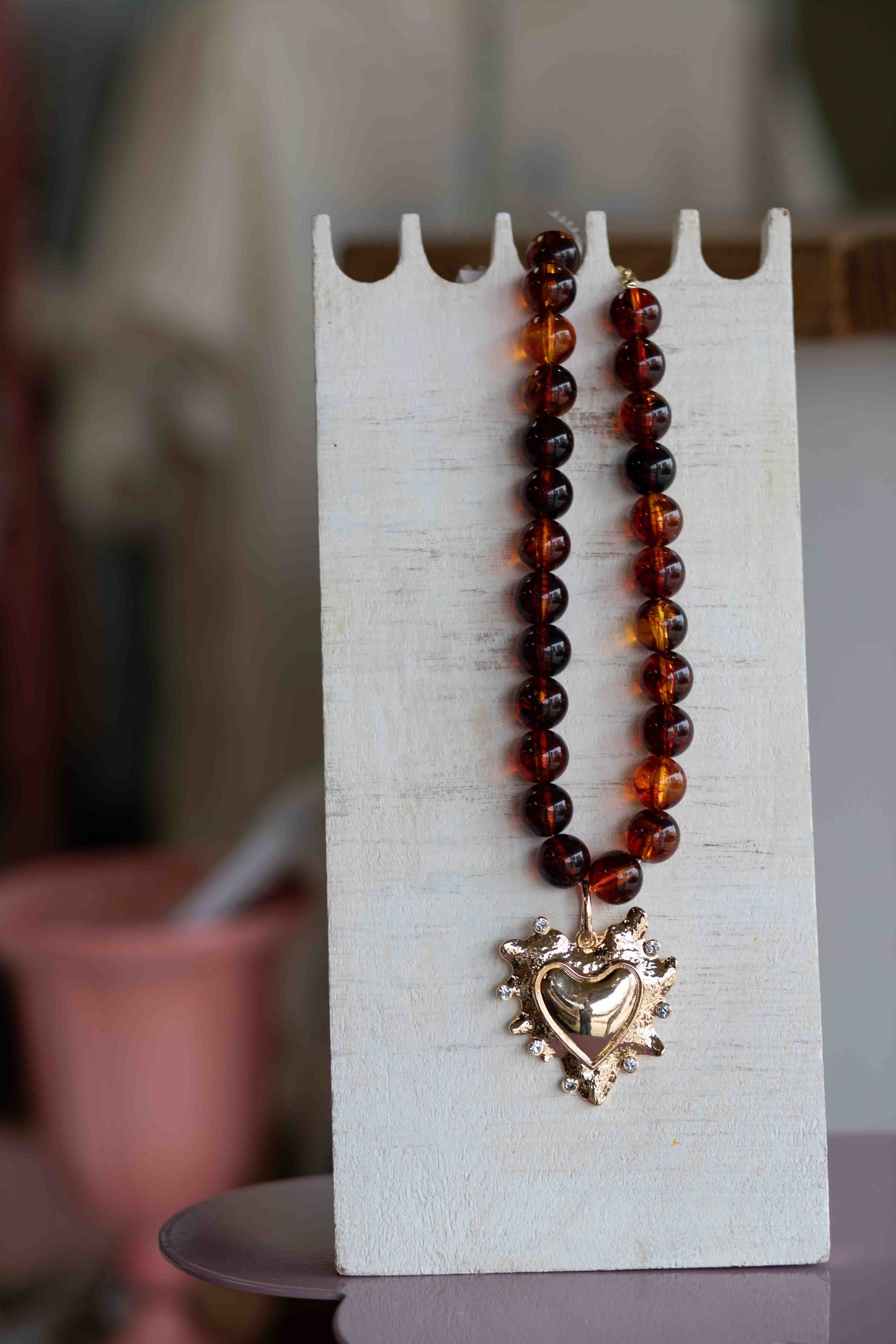 The Jackie - Chunky Beaded Amber Necklace with Charm