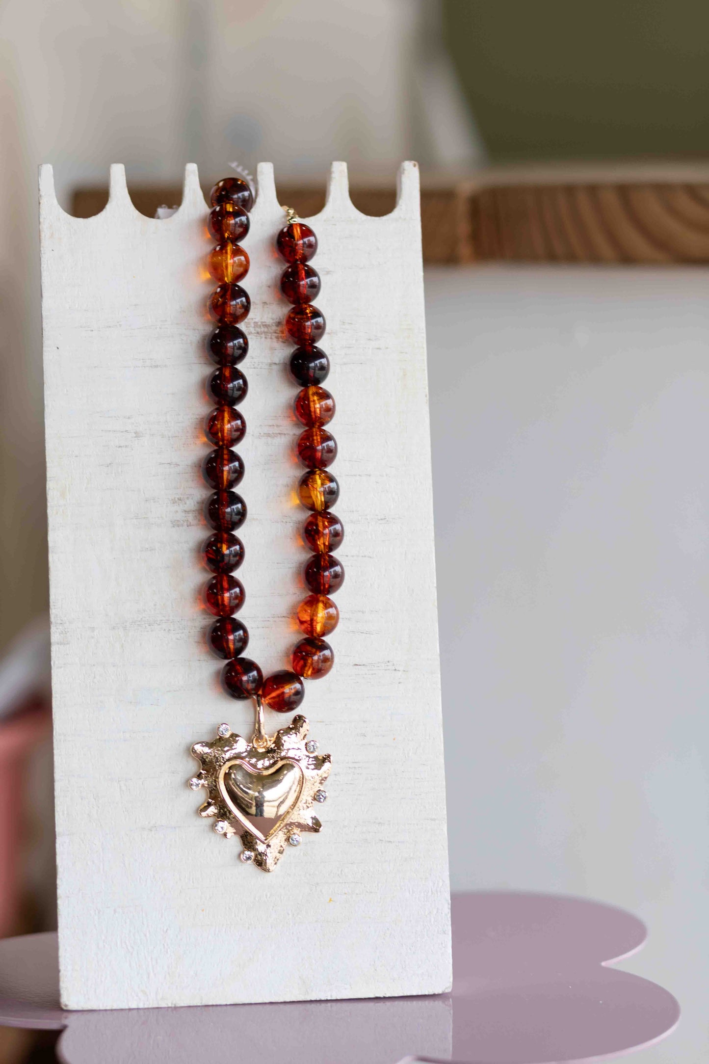 The Jackie - Chunky Beaded Amber Necklace with Charm