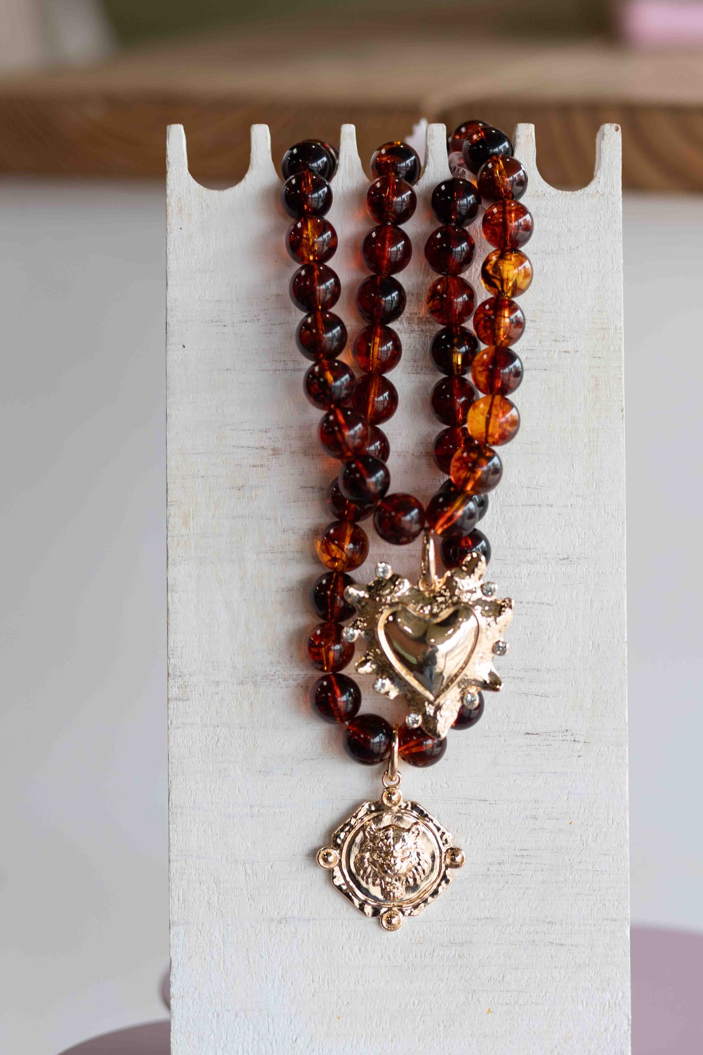 The Jackie - Chunky Beaded Amber Necklace with Charm