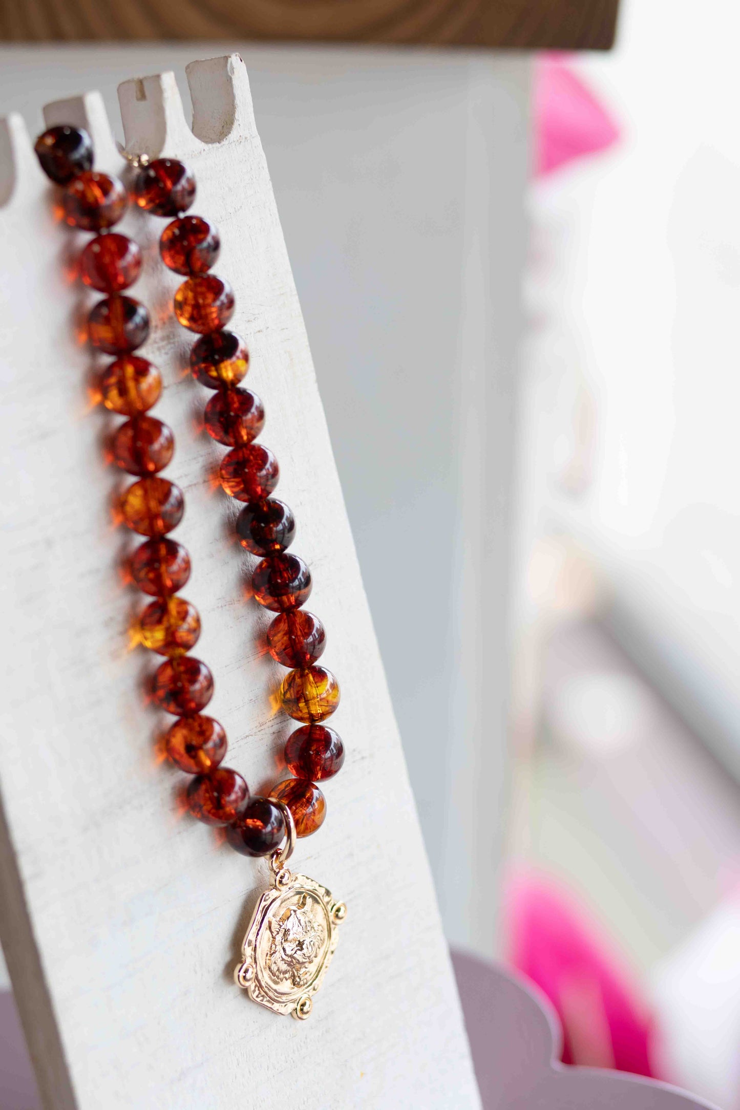 The Jackie - Chunky Beaded Amber Necklace with Charm