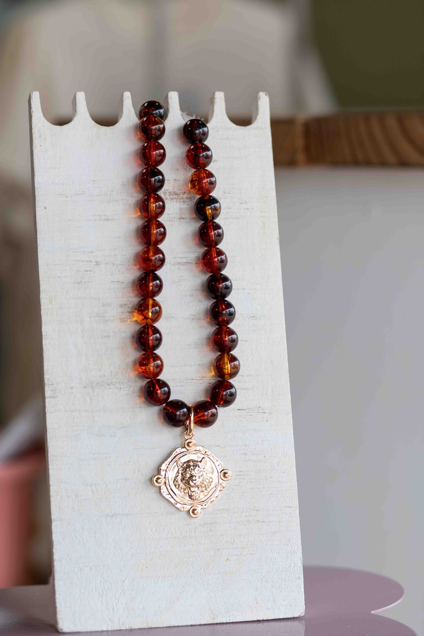 The Jackie - Chunky Beaded Amber Necklace with Charm