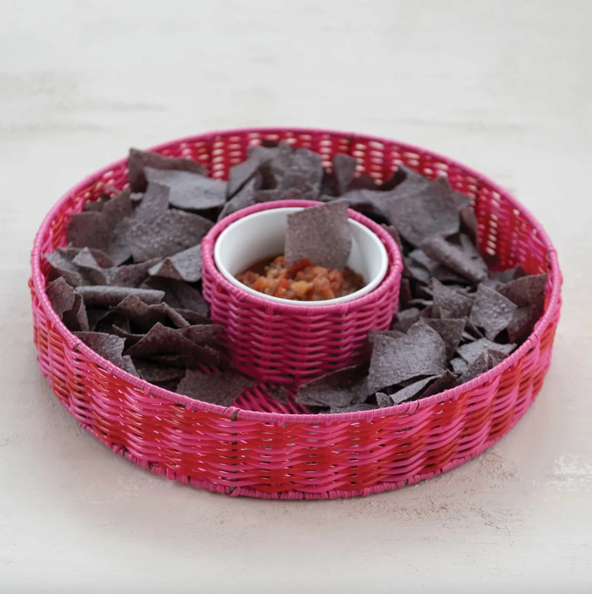 Woven Tray with Ceramic Bowl, Hot Pink