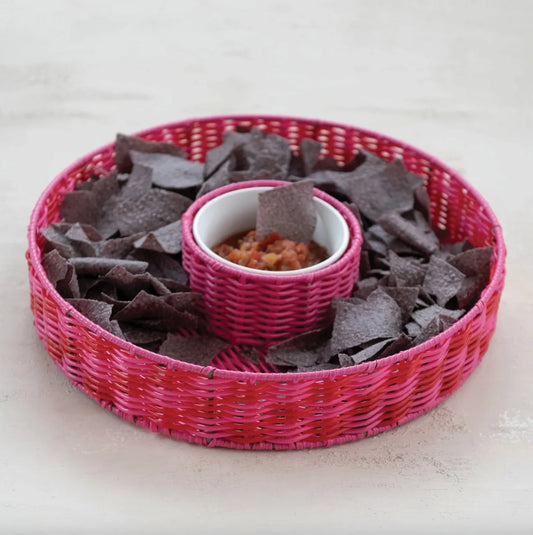 Woven Tray with Ceramic Bowl, Hot Pink