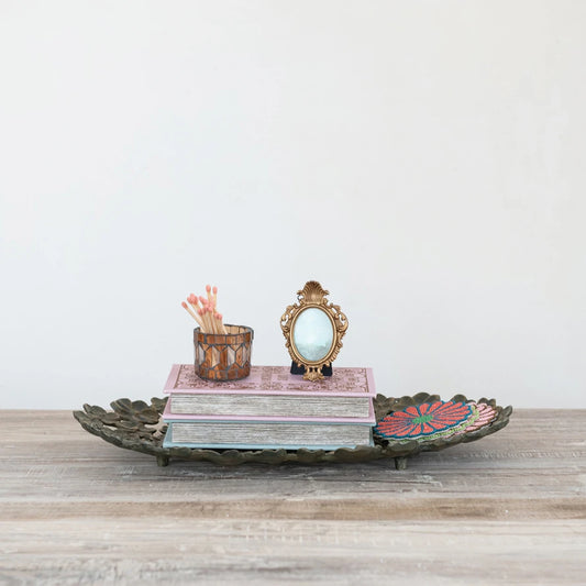 Metal Tray with Flower Cut Outs, Antique Gold